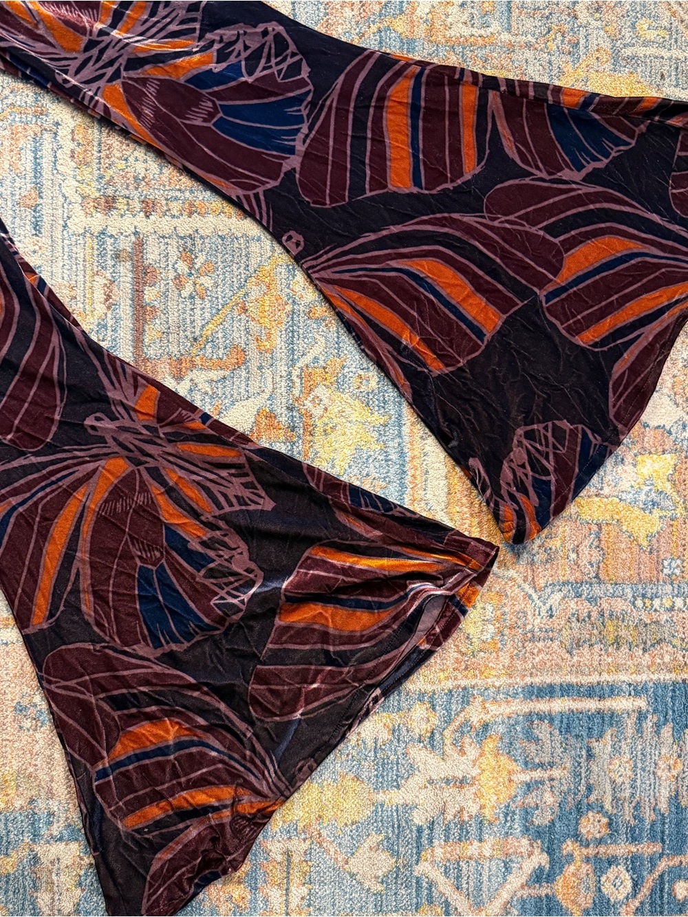 Free People Black Velvet Burnout Flare Pants with Rust & Navy Leaf Print - Picture 3 of 4